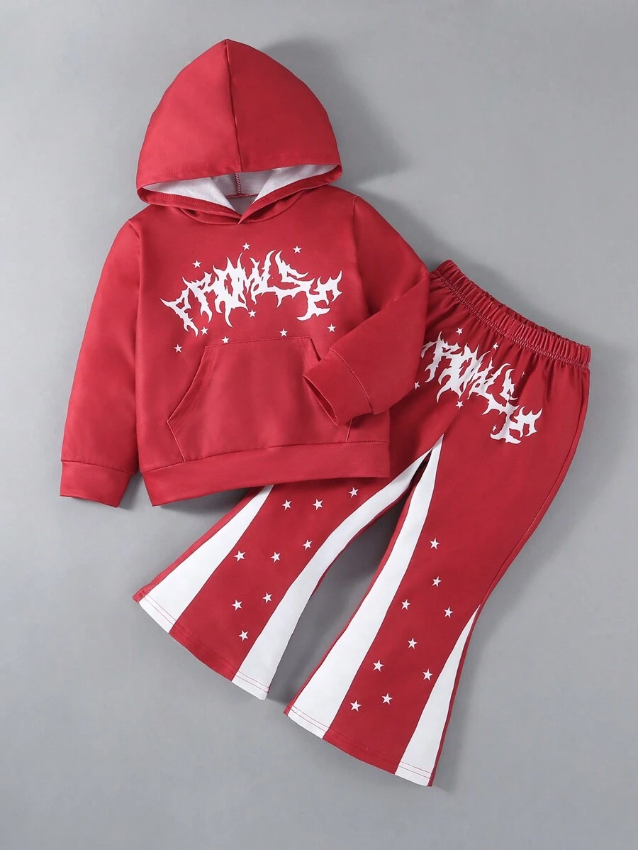 Set de 2 piezas de outfit deportivo casual para niños, incluye sudadera con capucha de punto elástica con estampado de estrellas y pantalones bicolor, cómodo y con estilo, adecuado para viajar, correr, vacaciones, otoño/invierno