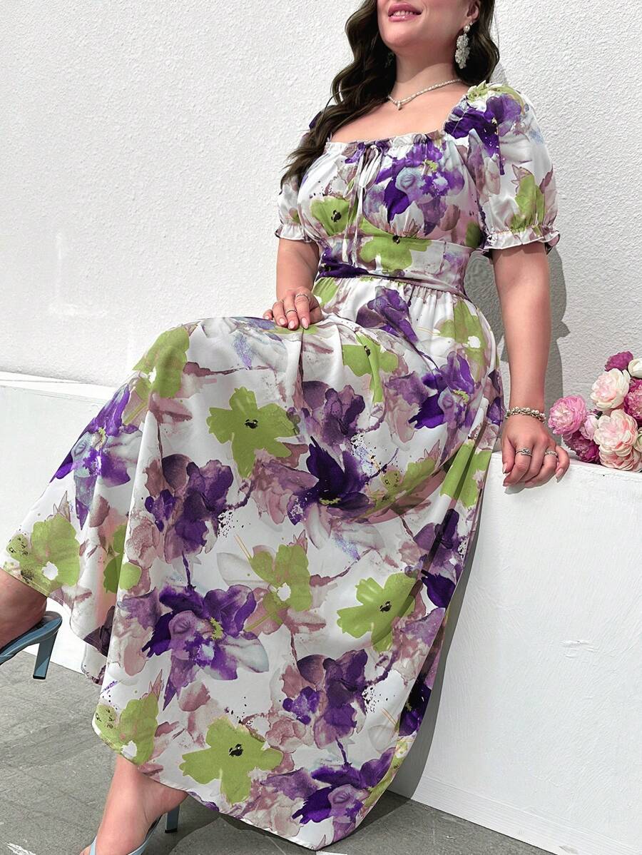 Modelyn Abito lungo a bolle con stampa floreale e maniche corte a palloncino, stile estivo per vacanze, taglia comoda, per donne, maxi