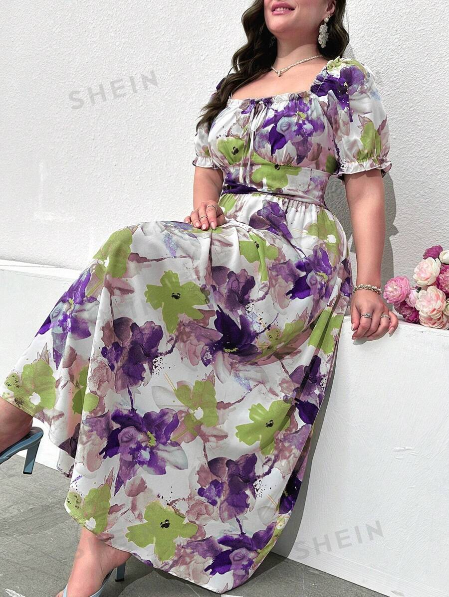 Modelyn Vestido largo de burbuja de manga corta abultada con estampado floral para mujeres de talla grande, estilo de vacaciones de verano