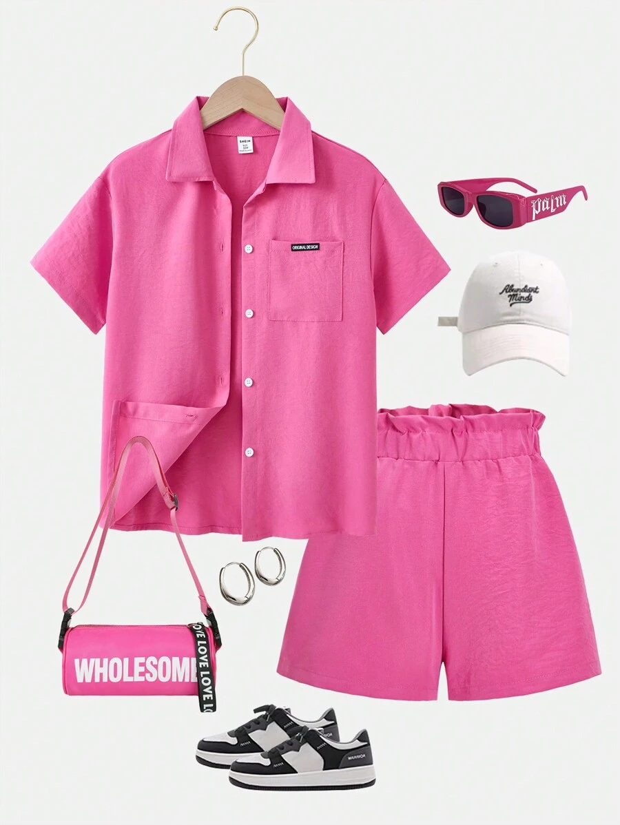 2 stuks roze casual cargo-zusset: losse blouse met korte mouwen + shorts met ruches in de taille, voor meisjes