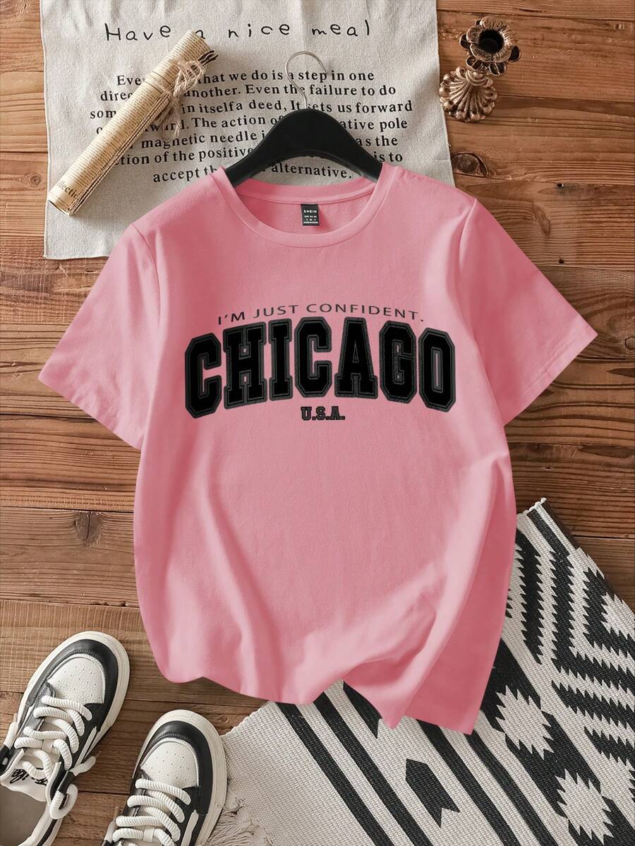 SHEIN EZwear Casual Minimalist English Text Graphic Round Neck Short Sleeve Loose T-Shirt For Women, Summer, Cotton Blend