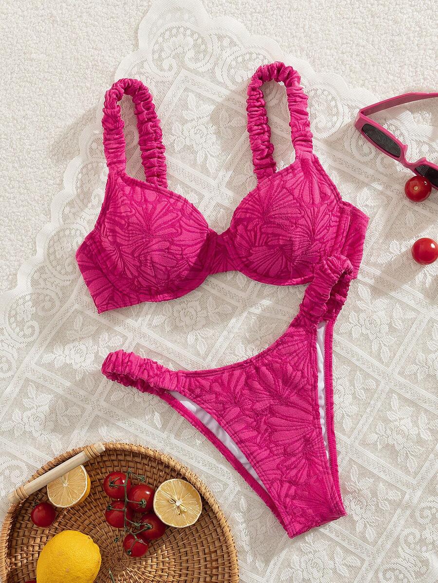 Swim Mod 2pcs/Set Women Springbreak Beach Wear Summer Outfits, Solid Color Floral Fabric Ruffle Thick Strap Steel Bra Cute Bikini Set
