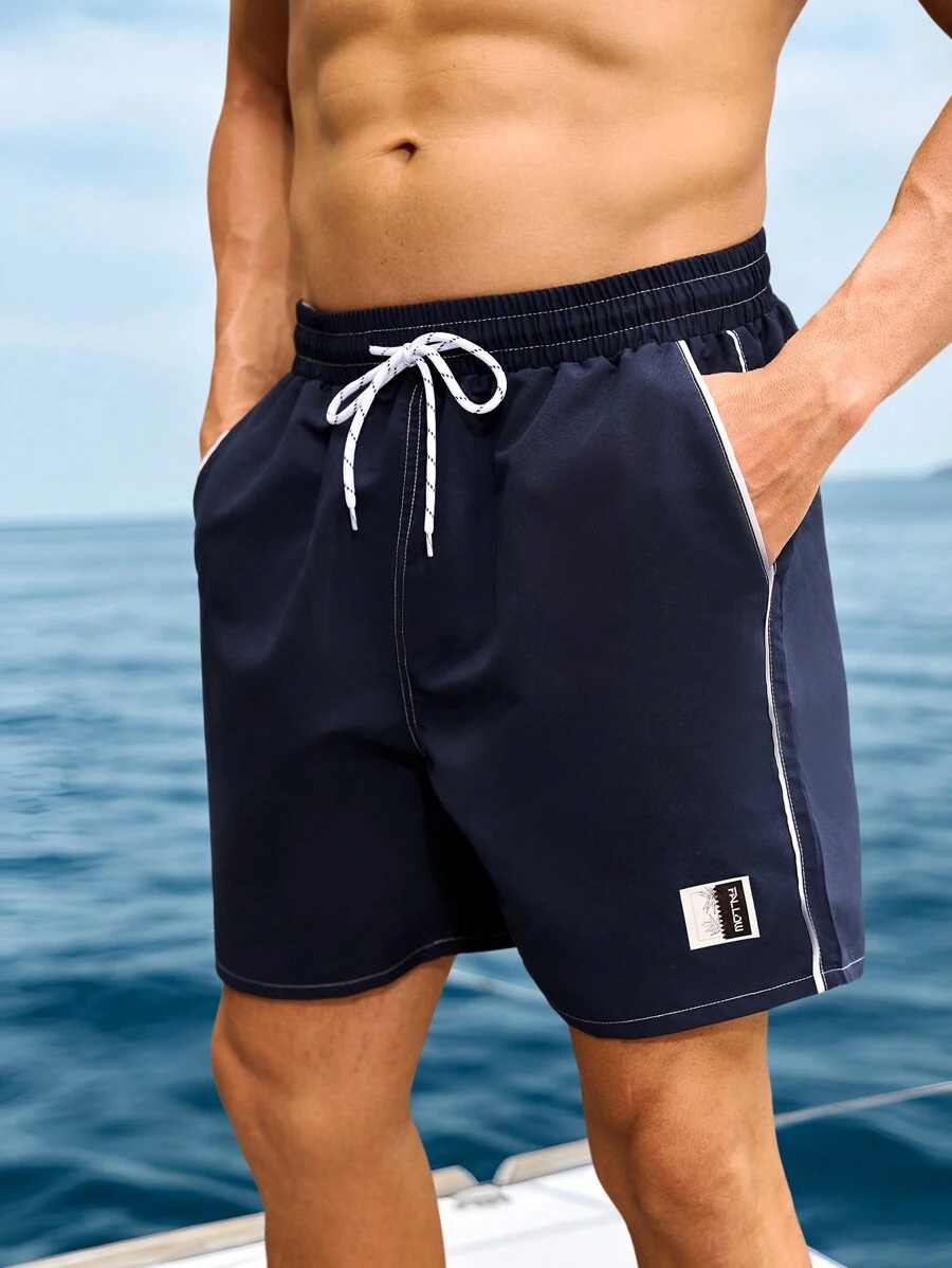 Manfinity Swimmode Pantalones cortos de playa para hombre con bloque de color, cordón ajustable y bolsillo parche