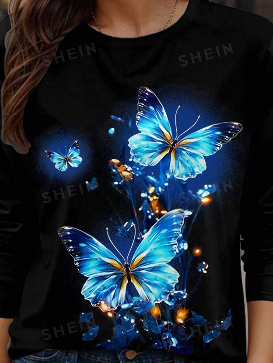 SHEIN LUNE Camiseta casual de manga larga con cuello redondo y estampado de mariposa para mujer de talla grande