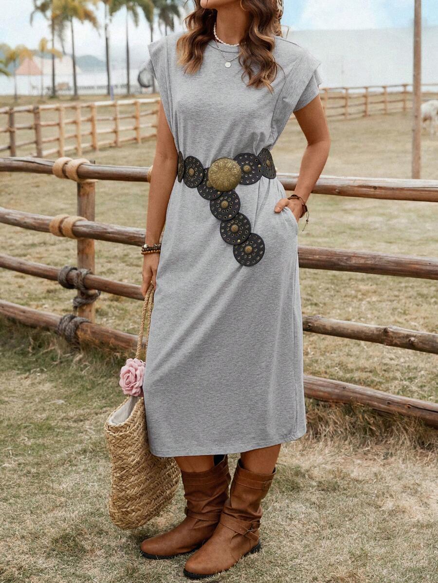 SHEIN LUNE Loose Knit Cocoon Long Dress, Grey Color, Slimming, Casual & Sports Wear Summer Western Wear Women/Western Western Wear Women