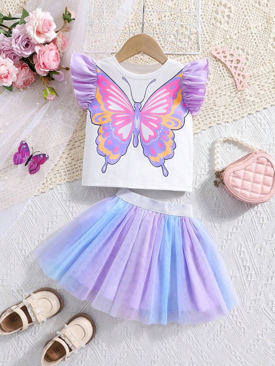 SHEIN 2 stuks Babymeisjes schattige vlinderprint top en rokset, zomer