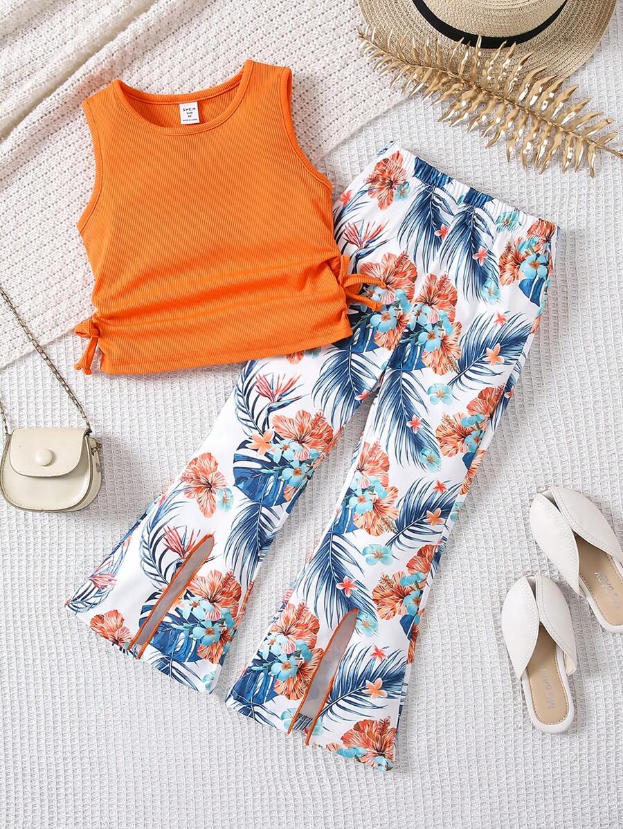 SHEIN Set de 2 piezas compuesto por top corto casual y pantalones acampanados con estampado de leopardo para niña, para primavera/verano