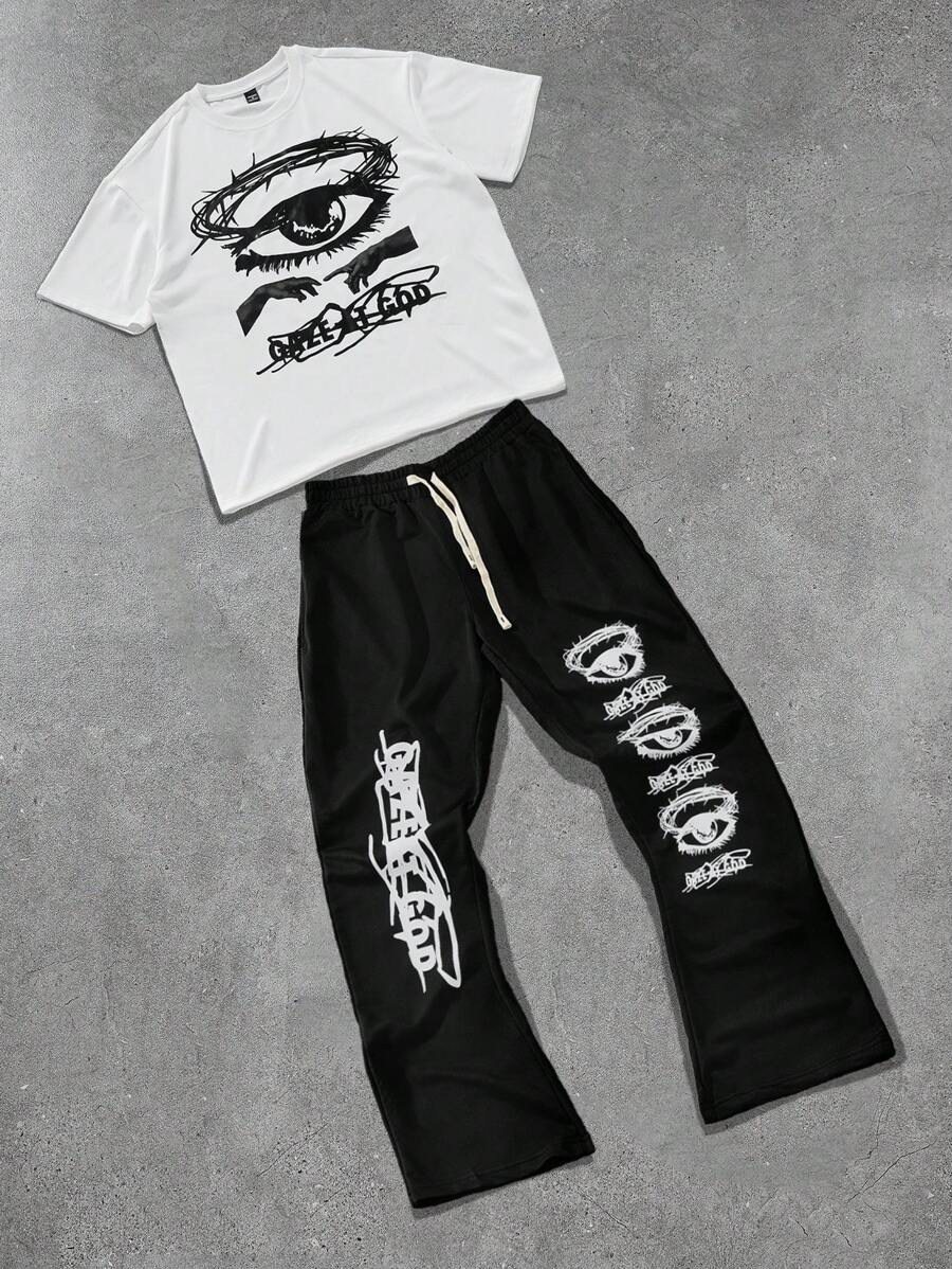 Manfinity EMRG Set de 2 piezas con camiseta de cuello redondo de manga corta con estampado de letra y ojo, y pantalón casual con cordón en la cintura para hombre