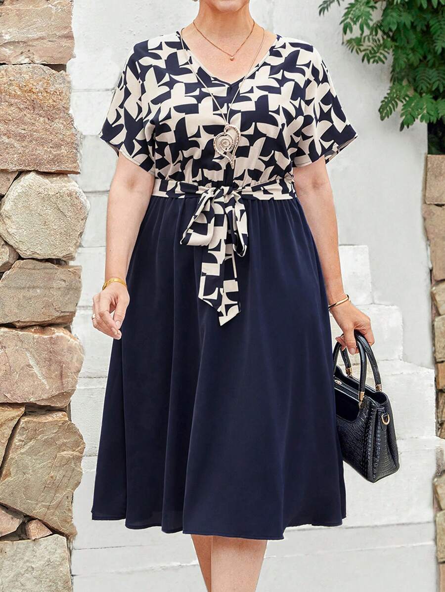 EMERY ROSE Plus Size Casual Commuter Floral Print Patchwork Batwing Sleeve Dress, Wiosenne Stroje Dla Kobiet, Tropikalne Wakacje Kobieta Na Lato
