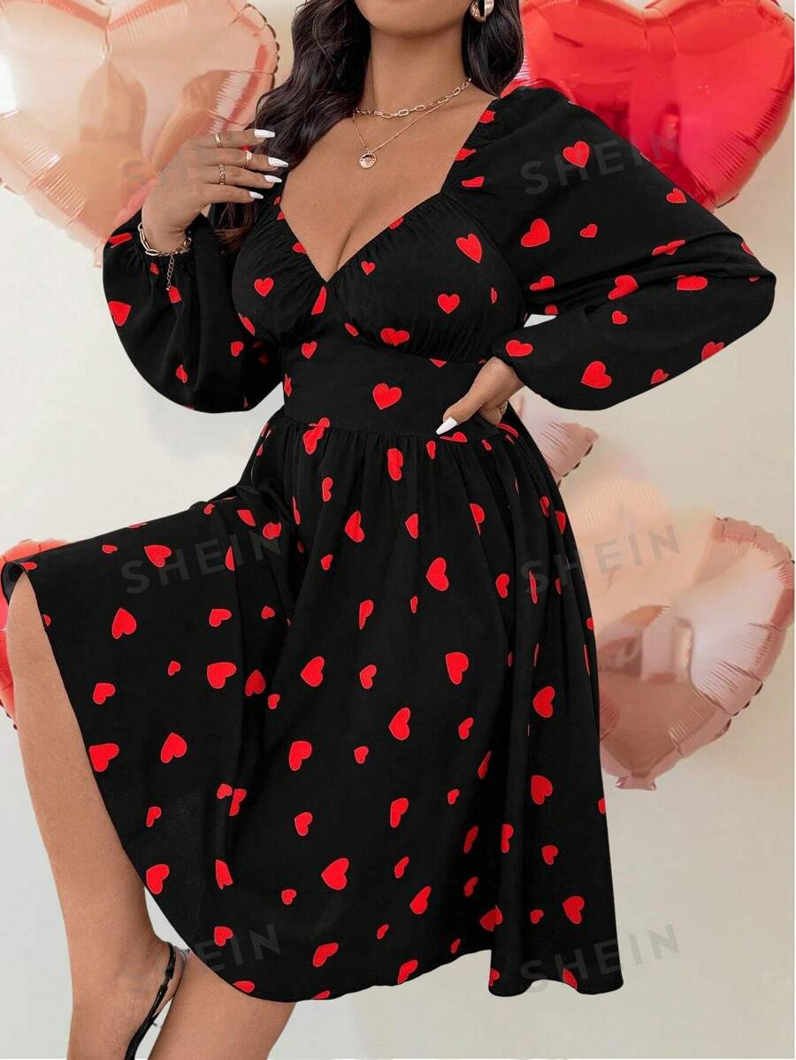 Celure Vestido elegante de manga larga con estampado de corazón para talla grande de mujer, para salir