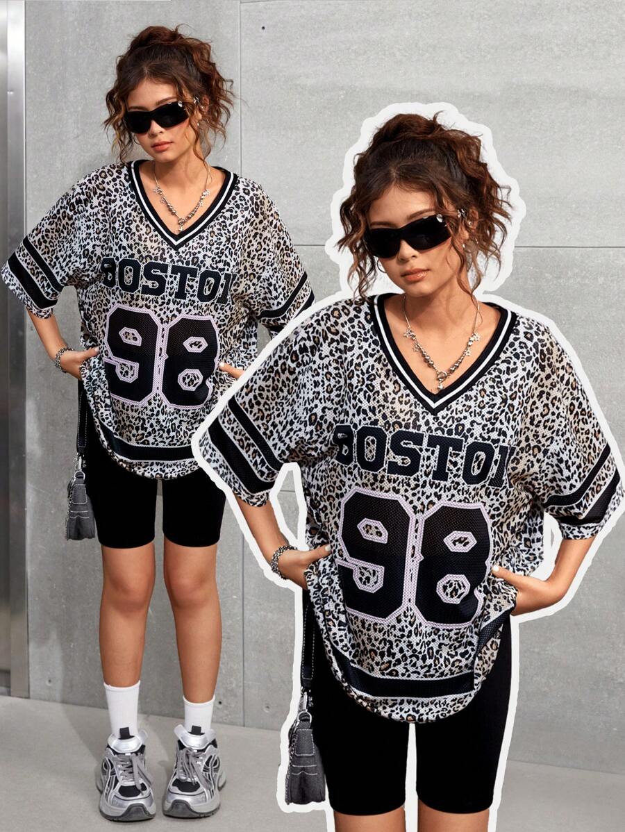 SHEIN Ragazza adolescente, 2 pezzi, abbigliamento per tempo libero e sport, nuova Maglietta casual oversize con scollo a V e stampa leopardata e leggings neri