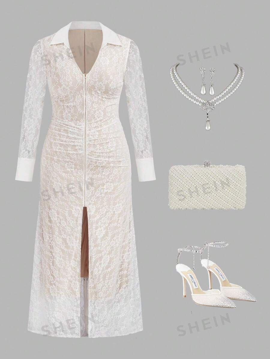 Celure Vestido con cuello en V de encaje y cremallera delantera con abertura alta para mujer de talla grande