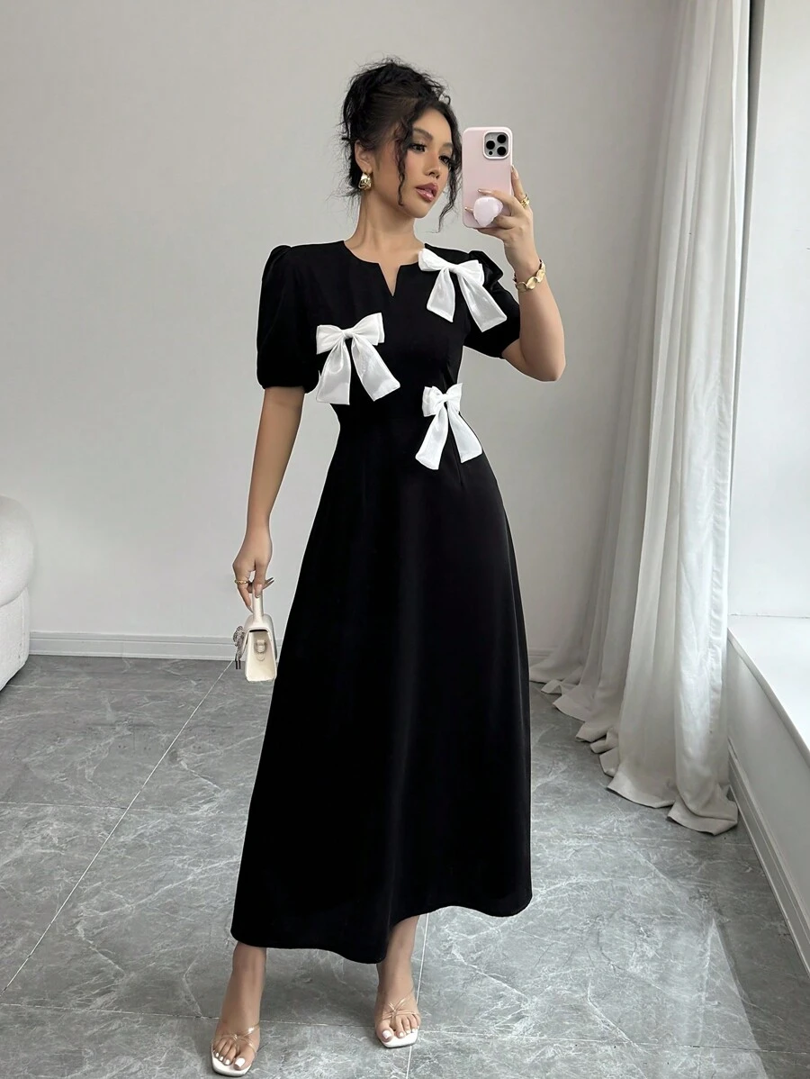 Elenzga Women's Elegant A-Line Color Contrast 3D Bow Bubble Short Sleeve Dress