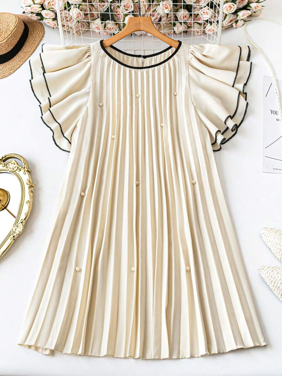 DreamSkyne Romantic Date Plus Size Women Solid Round Neck Pearl Decor Knit Loose Party, Valentine's Day, Everyday Elegant Ruffle Hem Short Sleeve Dress, Spring/Summer