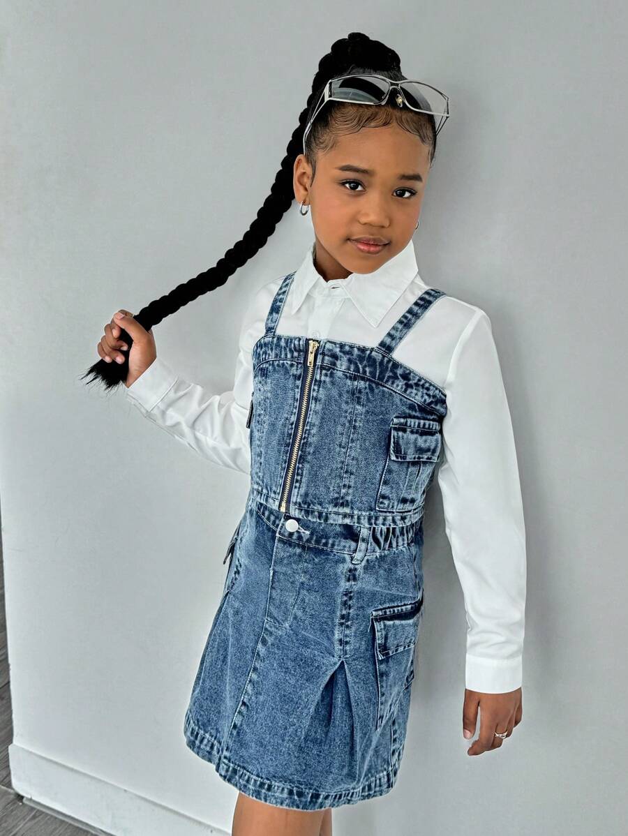 SHEIN Set in denim da 3 pezzi per ragazze: camicia in chambray, vestito pinafore in denim, stile casual alla moda, abbigliamento quotidiano per ragazze