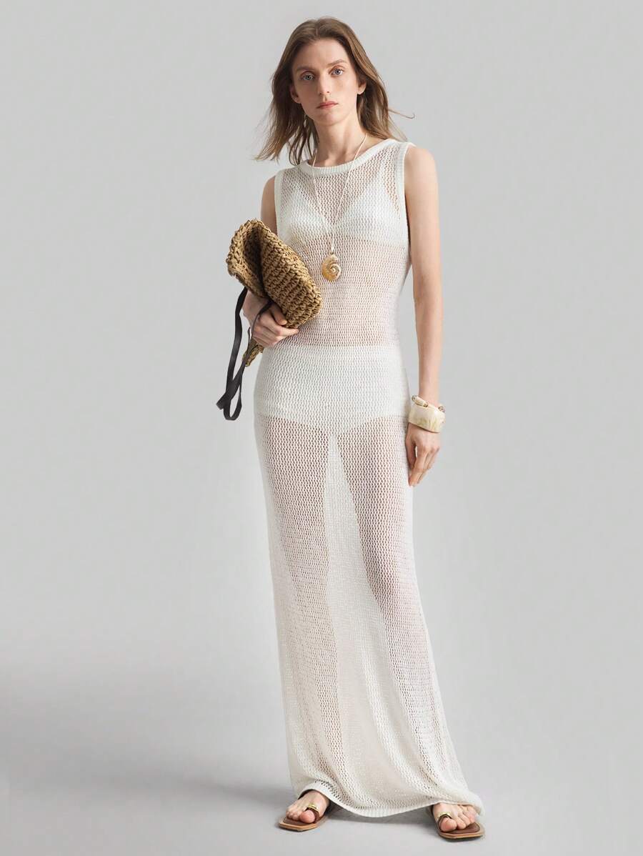 Ontre Robe longue sans manches transparente de couleur unie 2025 pour femmes, style minimaliste décontracté, tenue de villégiature, robe en tricot ajourée, convient pour les vacances dans les îles