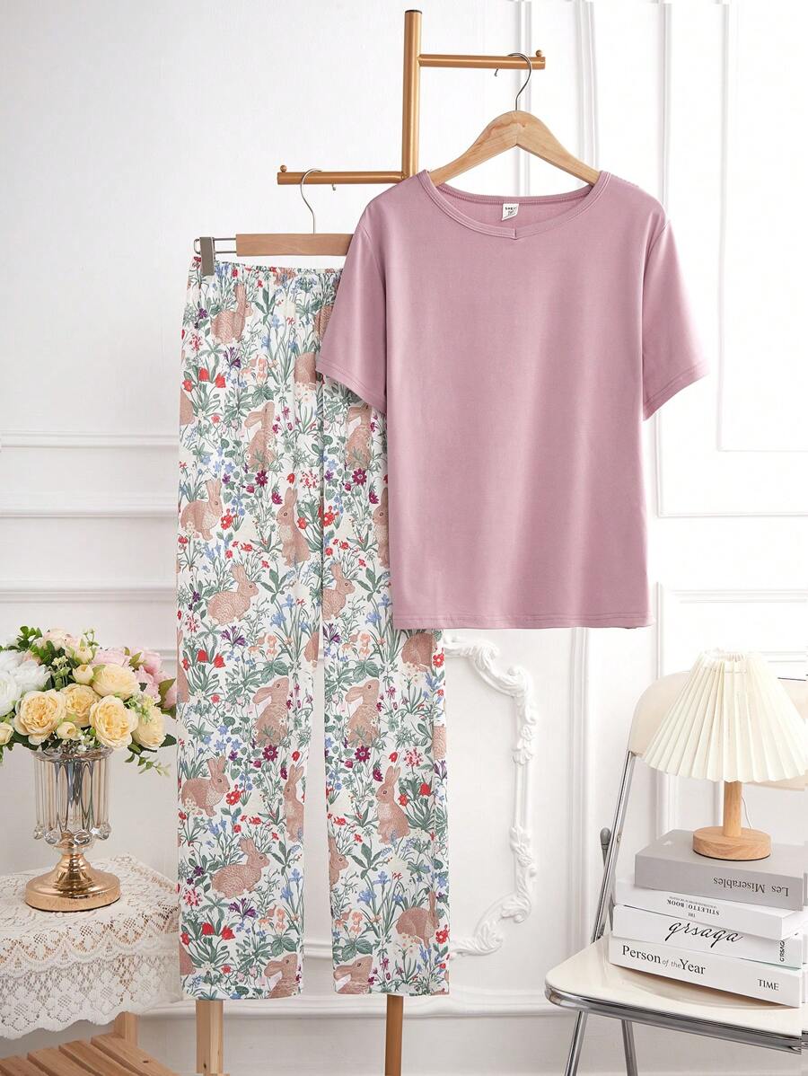 2 pezzi/set Ragazze adolescenti Set casual da casa con top in tinta unita e pantaloni con motivo floreale, manica corta e pantaloni lunghi