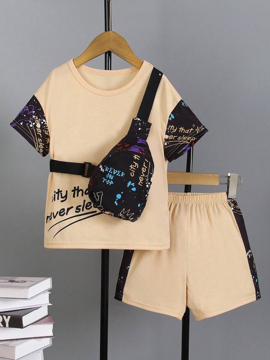 2pcs Young Boy Graffit& Digital Print Patchwork T-Shirt & Shorts Set