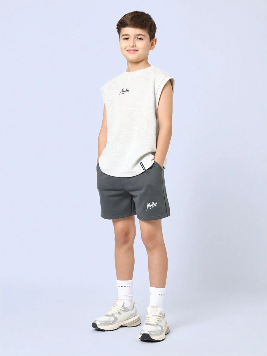 SUMWON Classic Sleeveless Tank Set Two-Piece Outfit Casual Sport Streetwear Summer Athletic New York Logo Print Regular Fit Everyday Youth Exercise Set