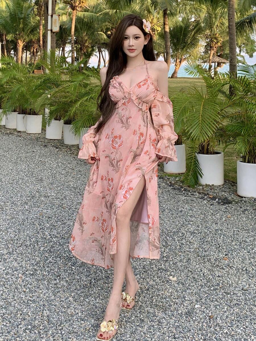 DAZY Vacation Style Beach Ditsy Floral Ruffle Trim Off Shoulder Midi Dress For Women,Summer