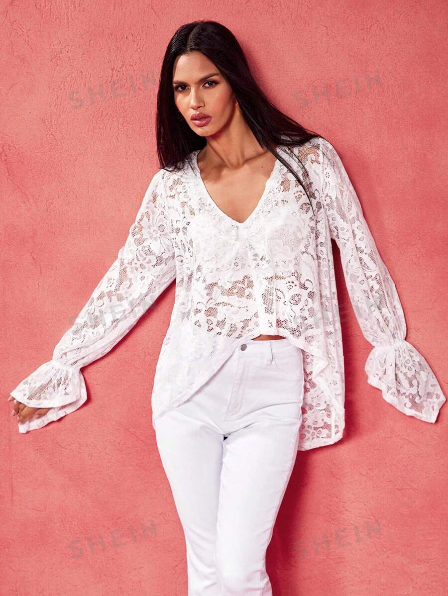 Oxana Blusa holgada de mujer con escote en V de encaje transparente, bajo asimétrico, estilo bohemio, ideal para verano, salidas, festivales, playa, conciertos, vacaciones, uso casual y de oficina, estilo occidental, boho, ropa de calle