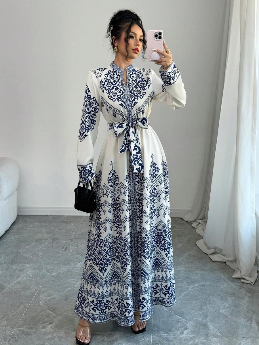 Elenzga Long Sleeve Fitted Waist Long Dress For Women