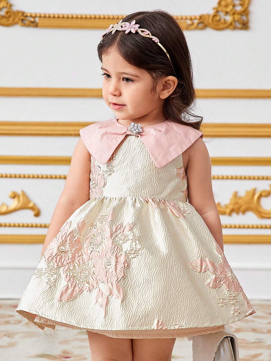 SHEIN Robe décontractée ajustée de luxe et élégante pour bébé fille avec un style patchwork et des blocs de couleurs sur le col sans manches