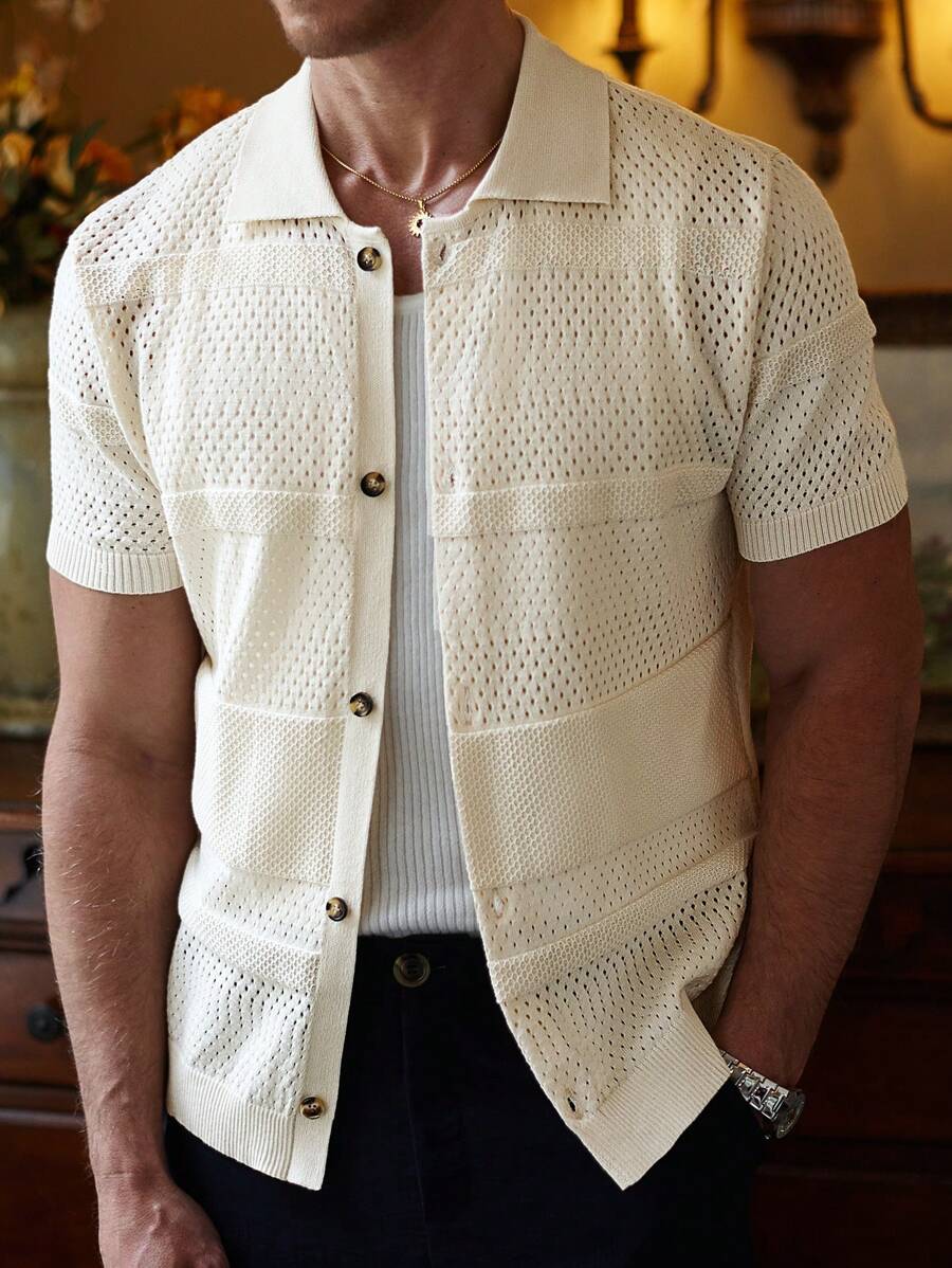 Manfinity Homme Parte superior casual de punto de manga corta con botones delanteros de unicolor para hombres