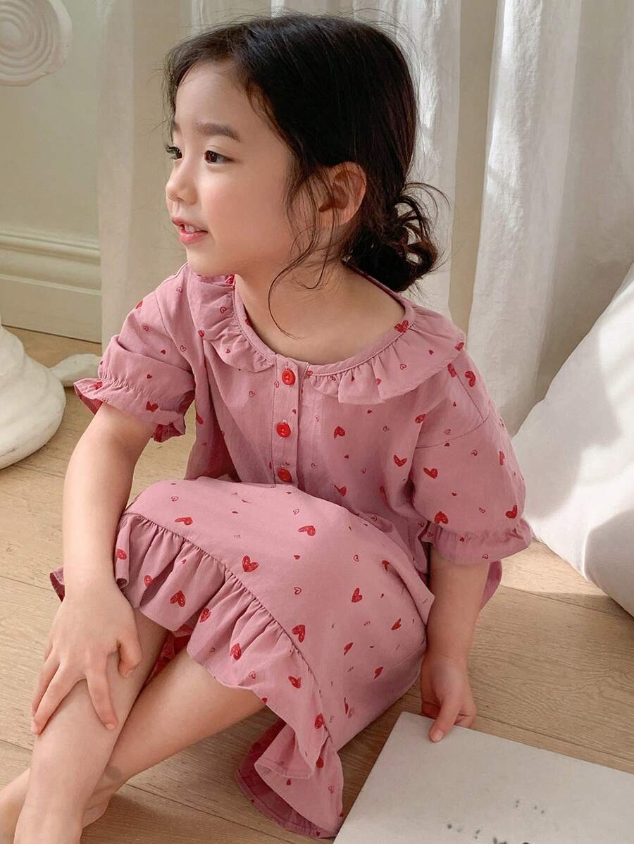 Dazy Kids Pijamale minimaliste cu imprimeu cu inimioare, mâneci scurte și nasturi în față pentru fete tinere, ținute de vară pentru fete