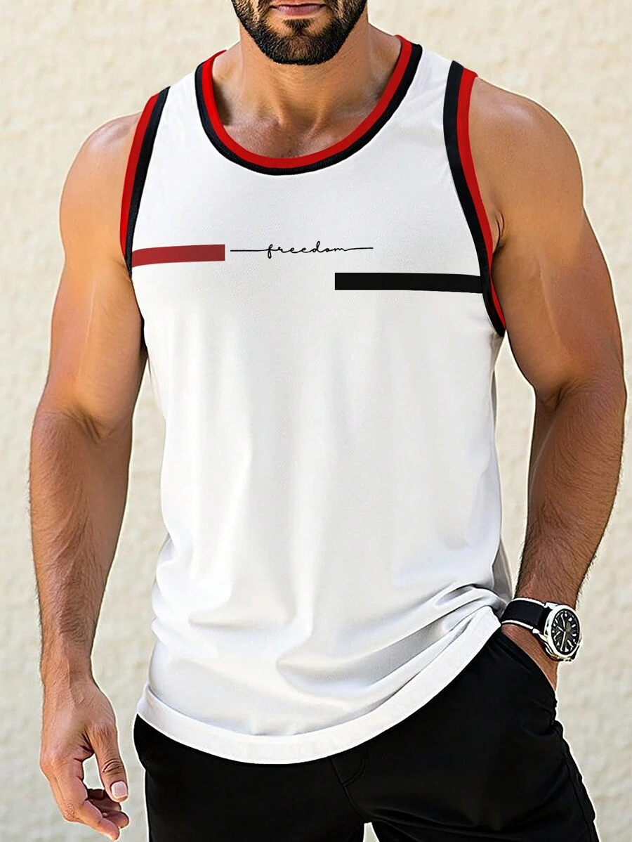 Manfinity Homme Men's Casual Daily And Beach Vacation Style, INS Matching Item: Classic Black, White, And Red Color Block Design White Basketball Jersey Style Tank Top, With A Creative Alphabet Combination Design On The Chest And Black And Red Ribbed Color Block On The Cuffs And Neckline. Perfect For Beach Vacations, And Great As Gifts For Boyfriends Or Husbands.
