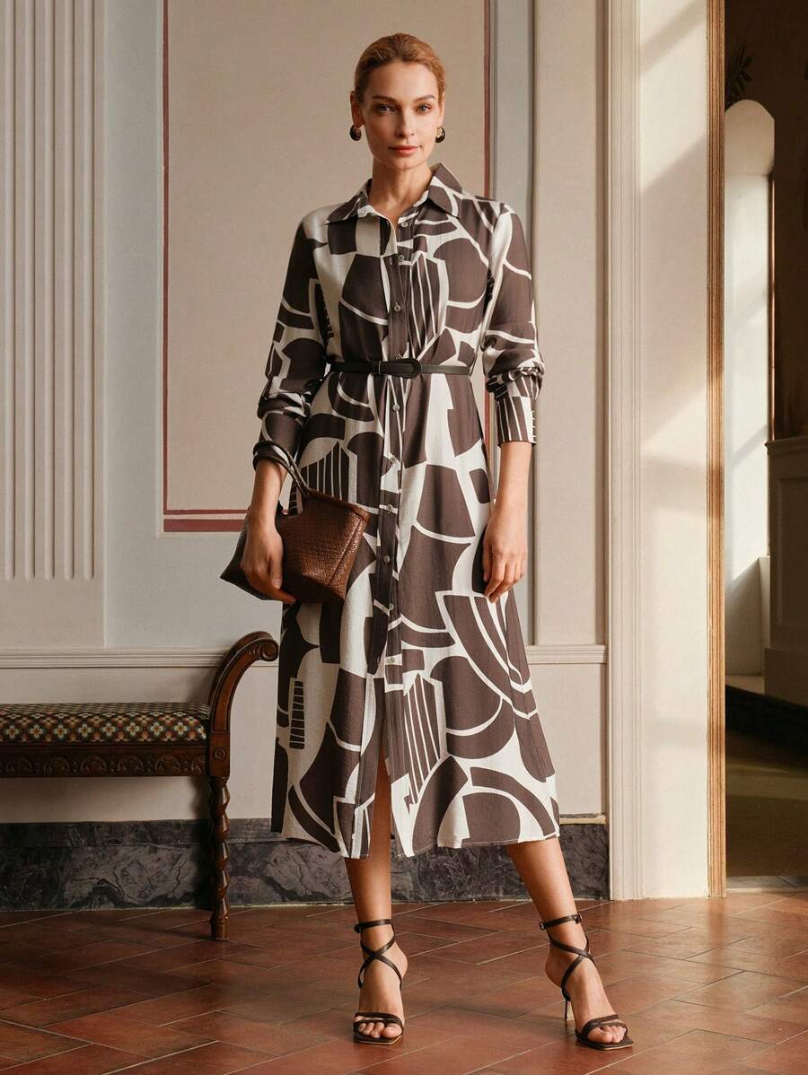 Anewsta Elaire Floral Print Collared Single-Breasted Belted Women's Dress, Modest Clothing