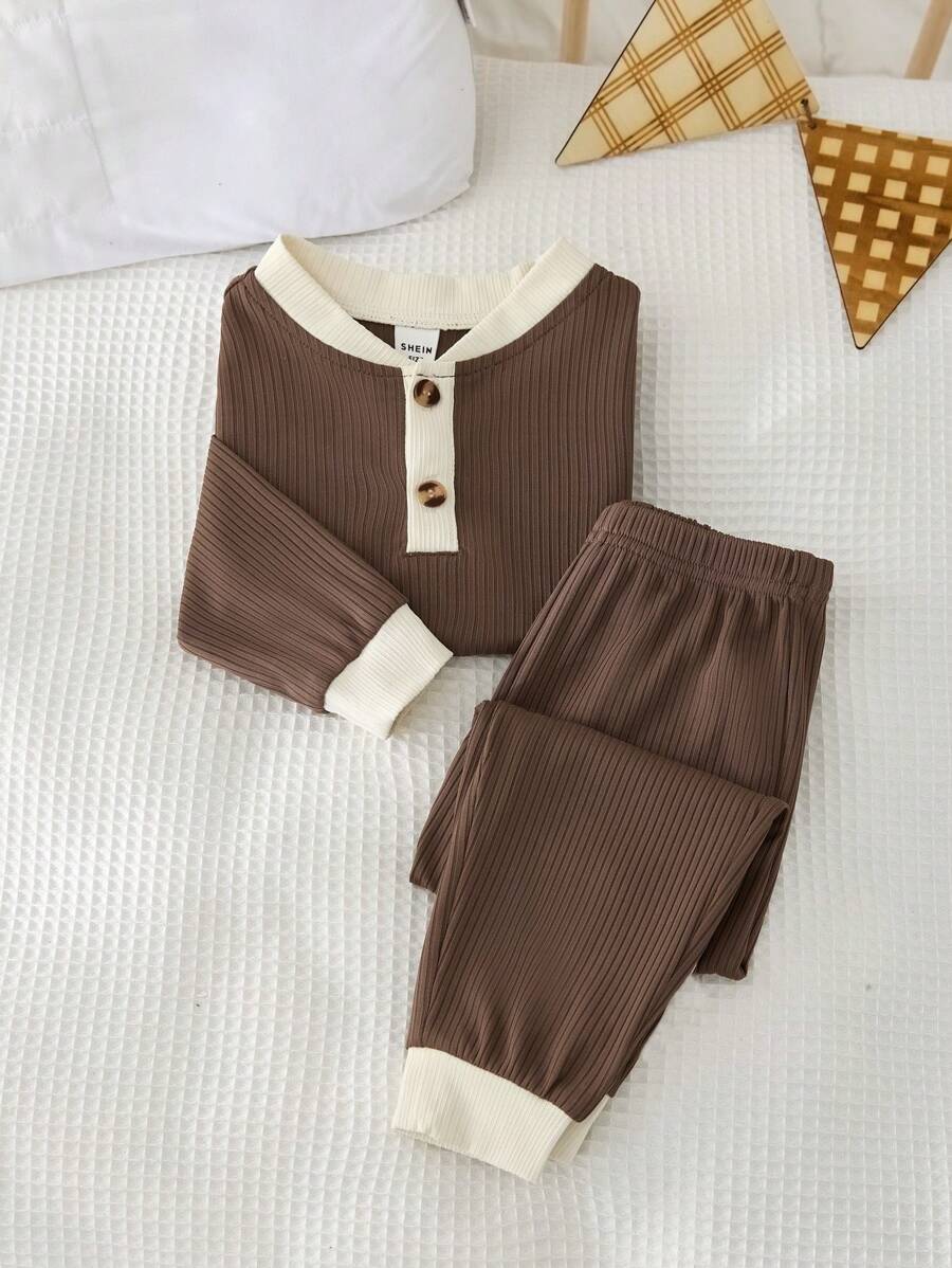 Baby Boy Simple Contrast Placket Long Sleeve Top And Pants Comfy Ribbed Knit Loungewear Set, 2pcs