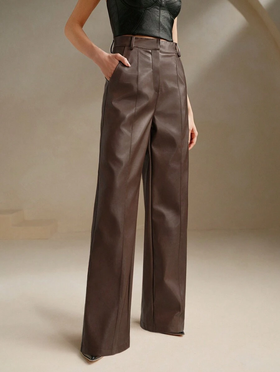 Anewsta Pantalones acampanados suaves y de alta calidad para mujer, pantalones largos de piel sintética de pierna ancha, diseño de pantalones de pierna ancha