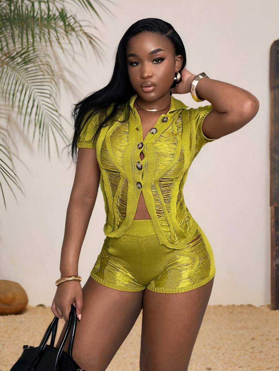 Slaydiva New Spring And Summer Casual Simple Holiday Lapel Open Placket Short-Sleeved Shirt Slim Mini Shorts Green Woolen Crocheted See-Through Women's Sweater Two-Piece Set-EE