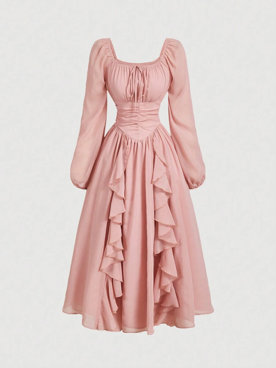 SHEIN MOD Women's Solid Color Front Tie Ruched Square Collar Puff Sleeve Ruffle Hem Elegant Dress,Pastel Dresses For Women