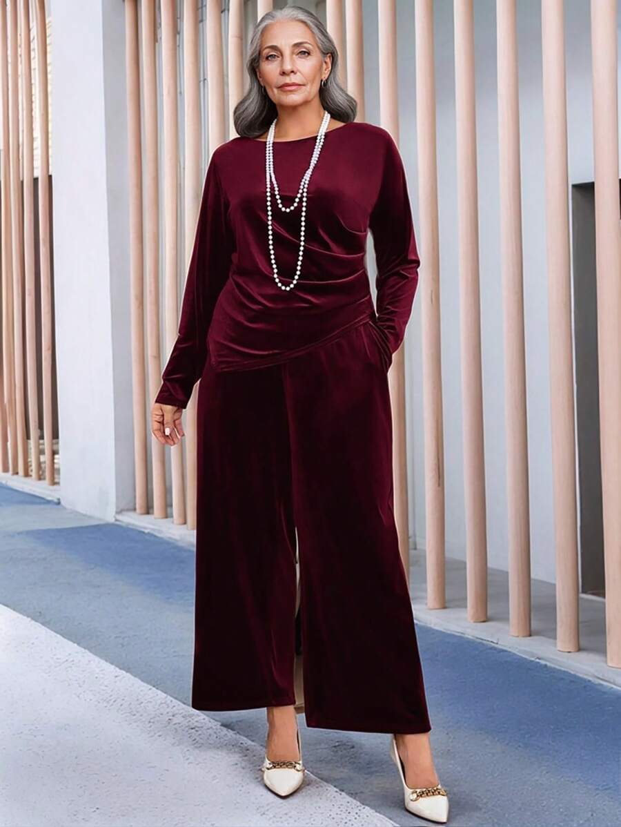 EMERY ROSE Conjunto de dos piezas de ropa de invierno para mujer tallas grandes, con top morado elegante plisado y pantalón con bolsillos