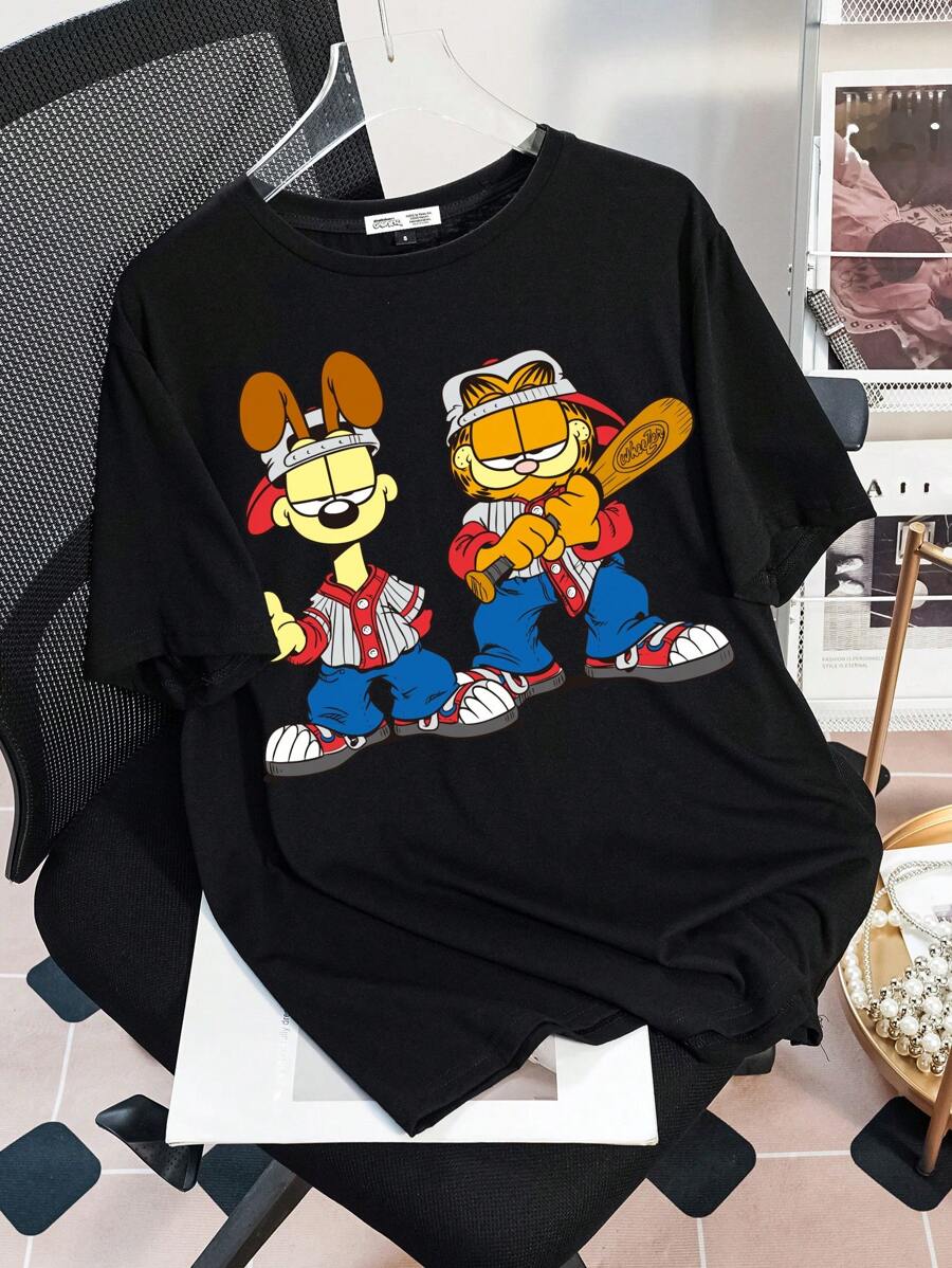 GARFIELD X SHEIN Casual Loose Crew Neck Short Sleeve Women T-Shirt, Suitable For Summer