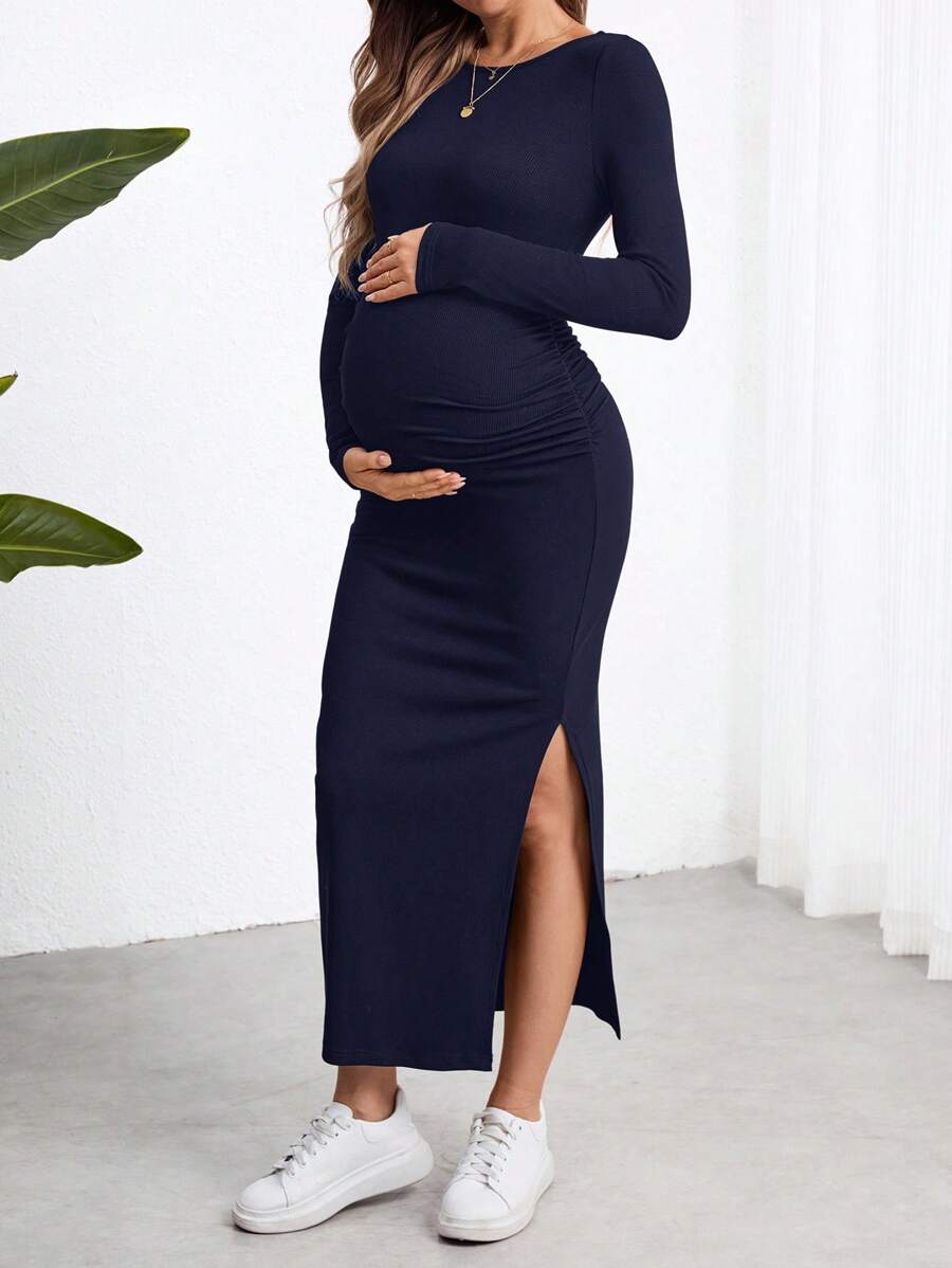 SHEIN Maternity Black Long Slit Blue Dress, Slim Fit Pregnant Women Dress