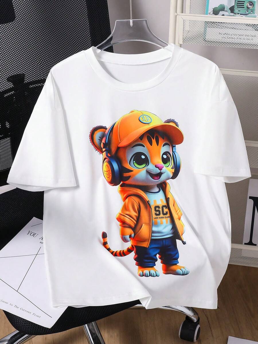 1pc Tween Boys' Cute Tiger Graphic With Earphone Print Short Sleeve T-Shirt, Spring/Summer