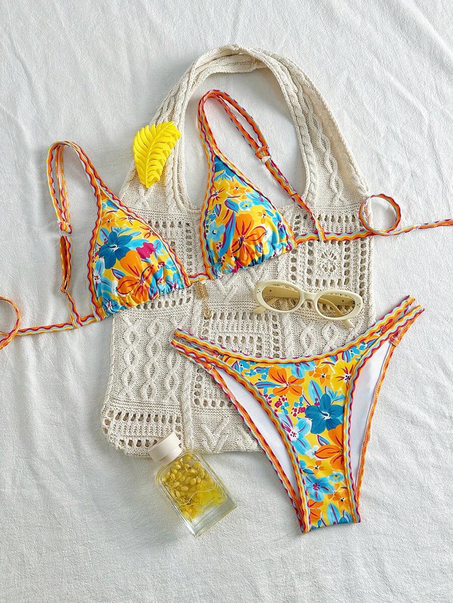 Swim Mod 2pcs Floral Print Cami Triangle Tie Bikini Sets, Beach Resort Holiday Vacation Outfit For Women For Summer Beach Vacation