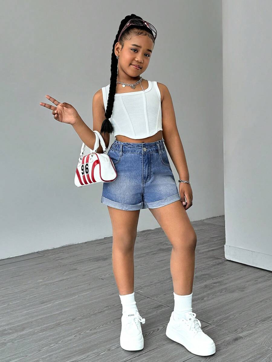 SHEIN Tween Girls' Light Blue Casual Straight Leg Roll-Up Hem Simple Versatile Washed Denim Shorts