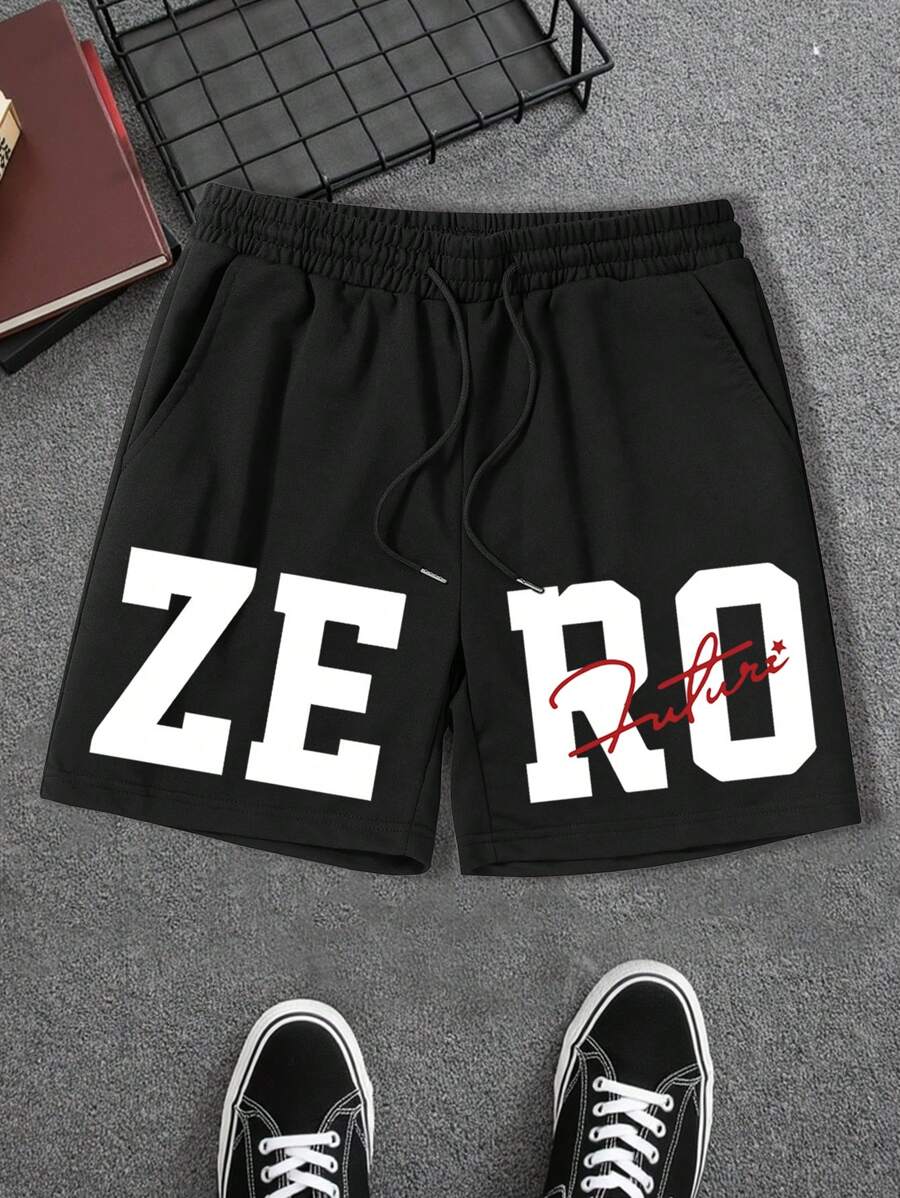 Manfinity Homme Plus Size Men's Front Tie Pocket Letter Print Casual Shorts