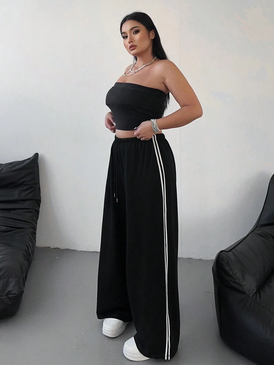 POPSWAY Plus Size Women Plain Color Patchwork Casual Pants For Daily Wear