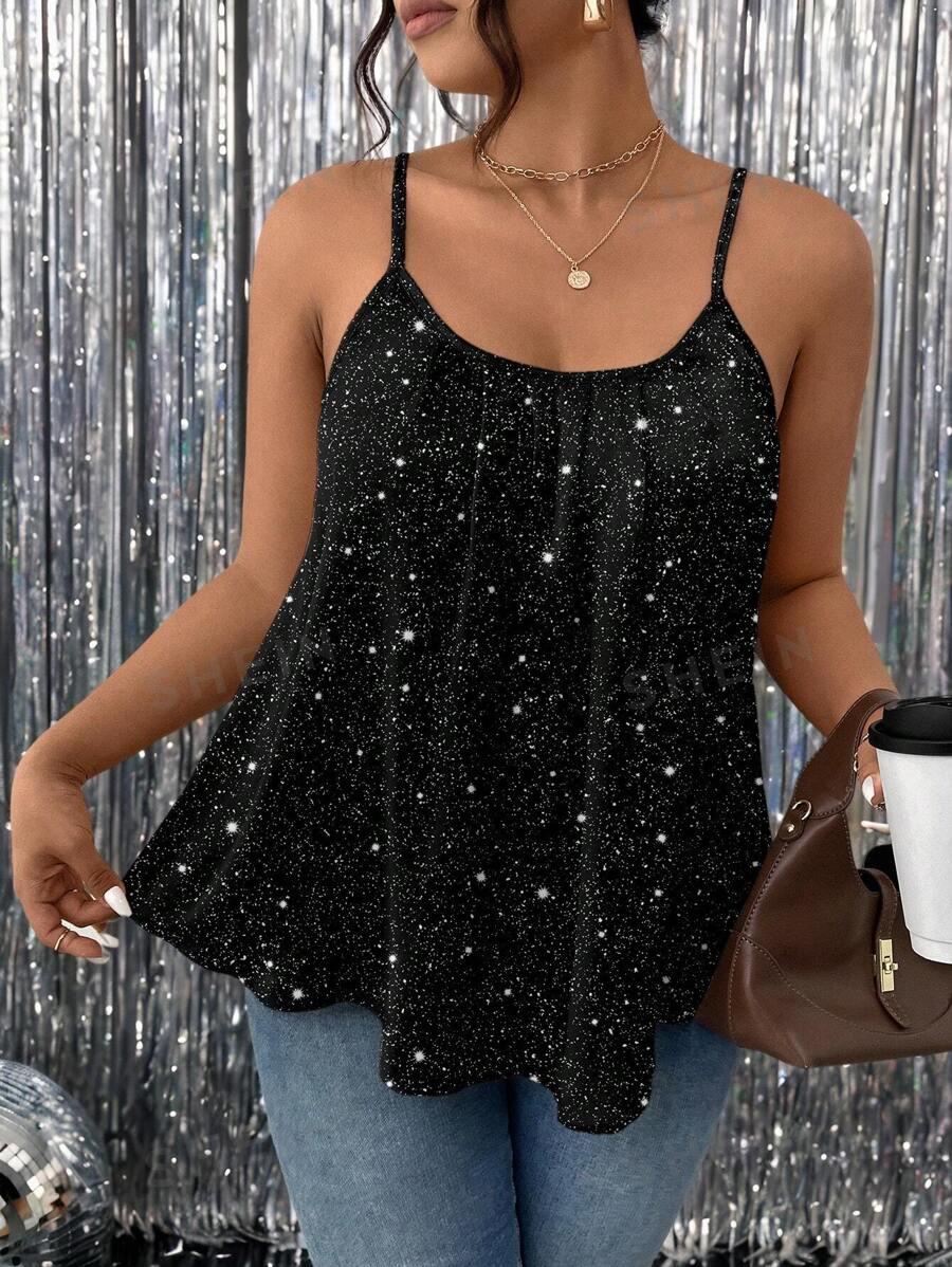 SHEIN Frenchy Camiseta de tirantes finos brillante, elegante y sencilla para mujer de talla grande, adecuada para el verano