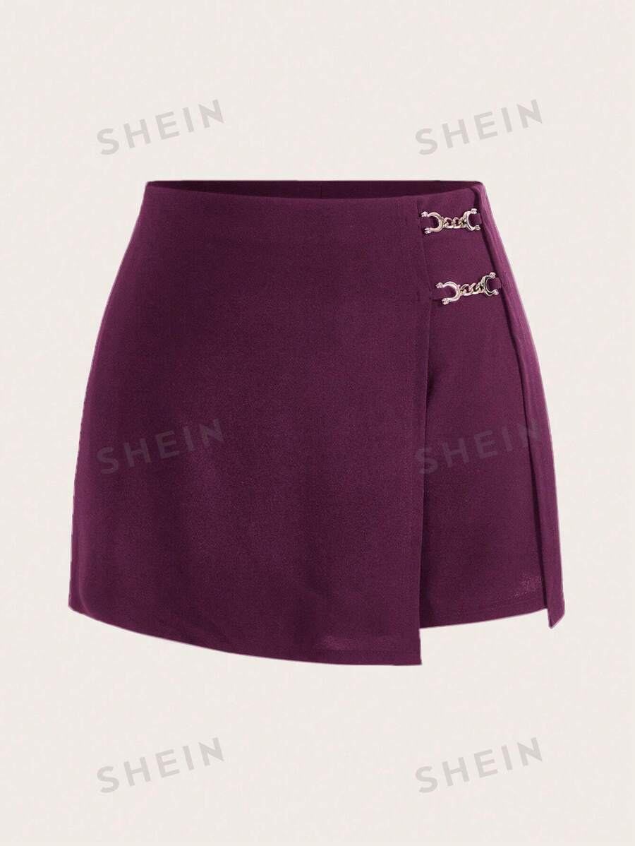 SHEIN Clasi Falda-pantalón negra con detalle de cadena y cierre envolvente talla grande
