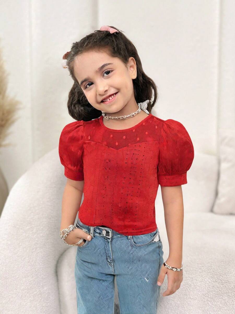 SHEIN Camiseta De Manga Abullonada Con Malla De Contraste Y Bordado De Ojales Para Niñas Jóvenes