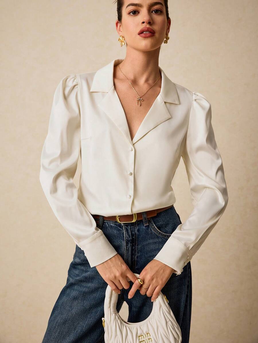 Poéselle White Shirt,Office Women Outfits,Button Up Women Shirt,Women's Solid Color Lapel Neck Puff Sleeve Single-Breasted Elegant Shirt,Simple Fashion, Old Money,Comfortable And Breathable Fabric, Suitable For Daily, Street, Commute, Holiday, Dating And Other Occasions To Wear