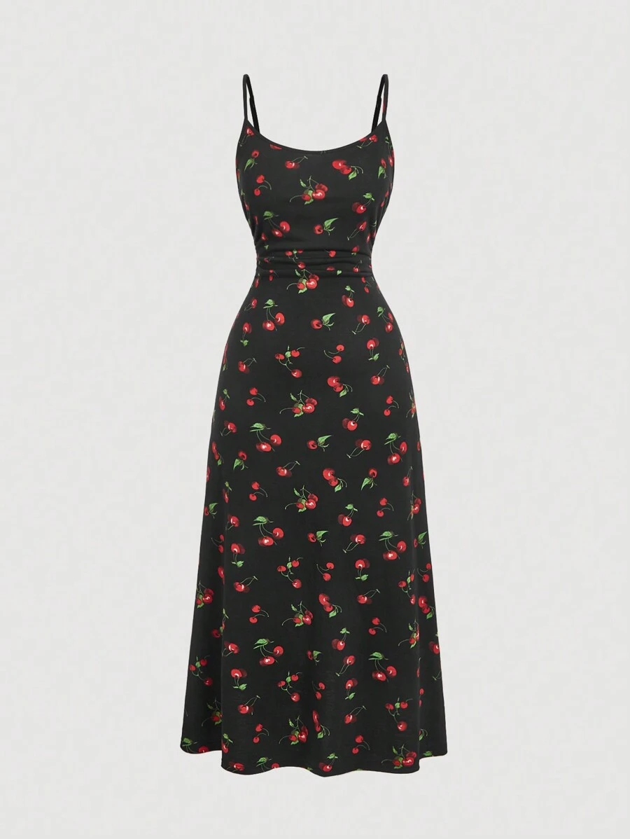 SHEIN MOD Plus Size Women Cherry Print Waist Strap Dress,Fruit Print, Cherry Print Pattern, Slim Long Dress,Beach Dress Sundress,Holiday Outfits Boho