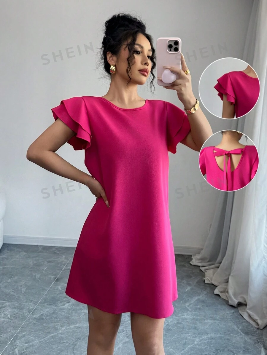 Elenzga Vestido informal de un solo color con mangas cortas, espalda descubierta y cordones