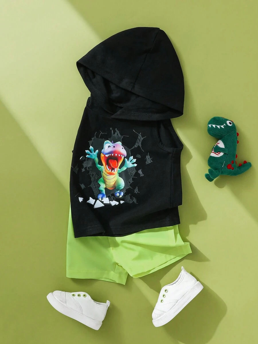 SHEIN 2pcs Baby Boys Street Style Cool Dinosaur Print Hooded Sleeveless Tank Top And Shorts Set, Suitable For Outdoor Activities, Sports, Zoo & Amusement Park, Spring/Summer